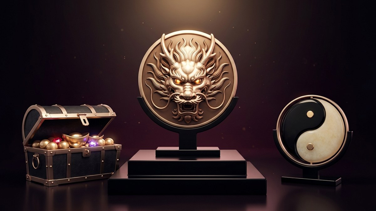 深夜黑曜石殿堂石台上，擺著鑲金邊深黑秘寶箱、龍紋香檳金圓章與太極陰陽玉璧
